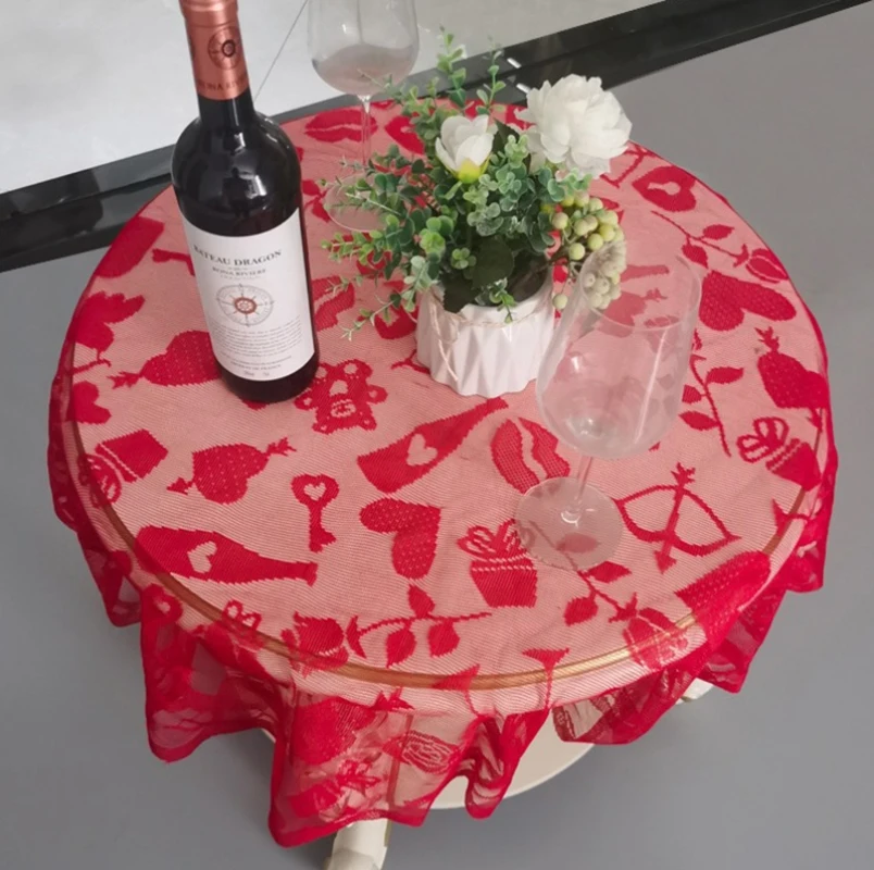 Valentine's Day Wedding Celebration Ceremony Round Polyester Tablecloth Party Love Cupid Lace Round Tablecloth Direct Sale