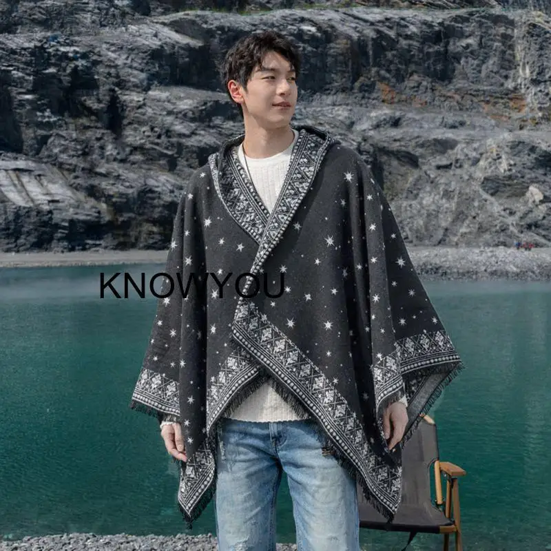 

2026 New Men Hooded Capes Artificial Cashmere Ponchos Short Tassels Hem Pashmina Cloaks Women Male Loose Jacket Hooded Shawl
