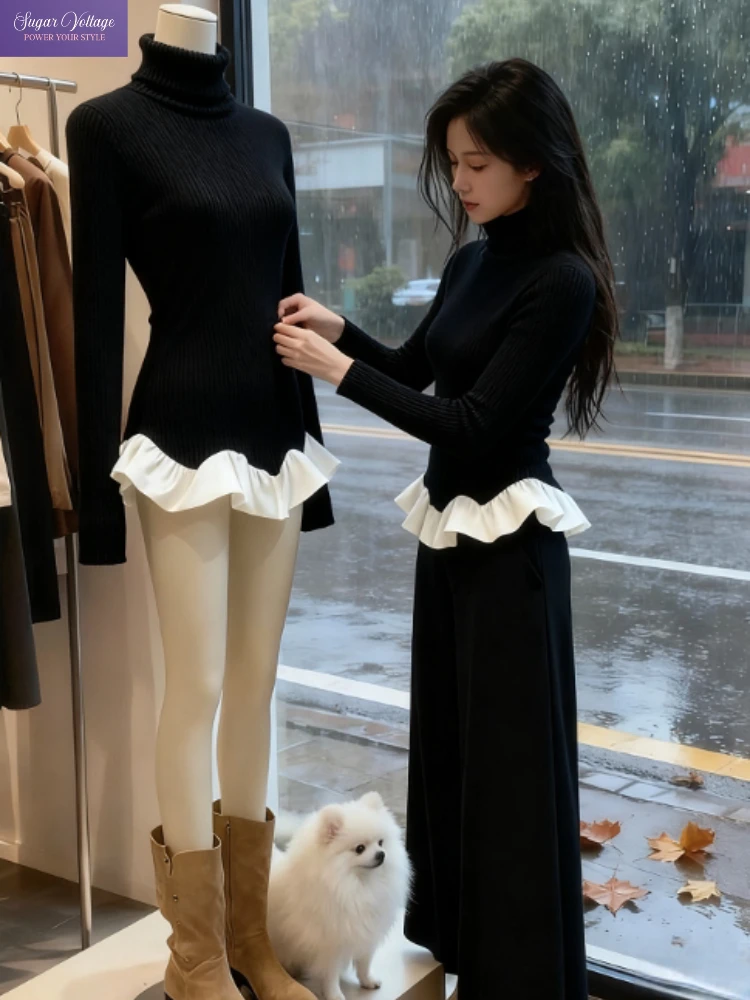 

Korean Chic Autumn 2-Piece Set Women Slim Turtleneck Knit Ruffle Hem Top + High Waist Pants Minimal Sweet-Cool Casual Outfit