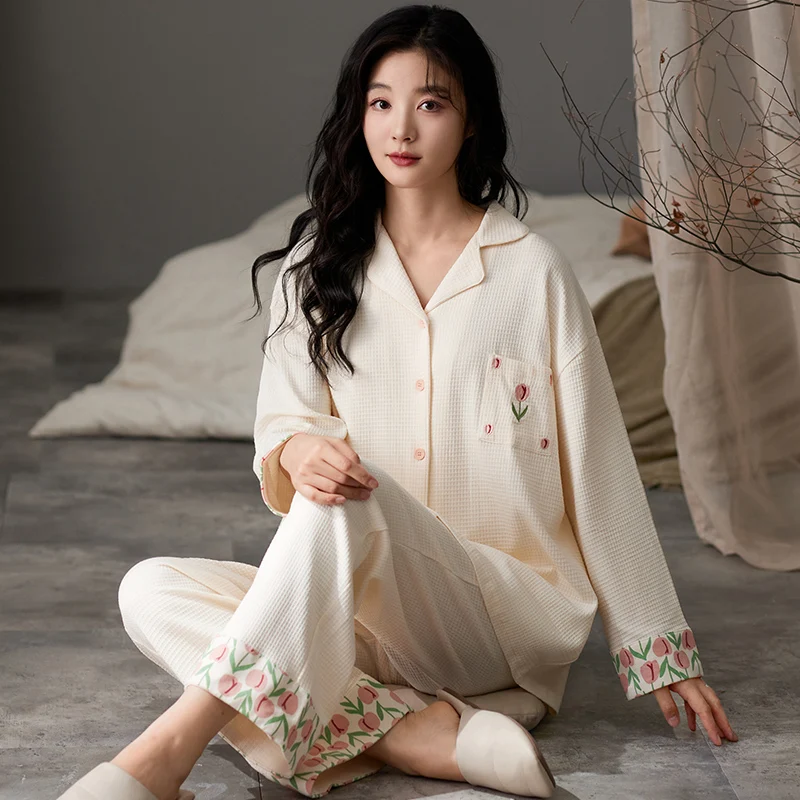 Flower Sweet Pajamas Set Women Cute Kawaii Long Sleeves Long Pants Autumn Winter Girls Sleepwear Cozy Pyjamas Soft Pijamas Pjs