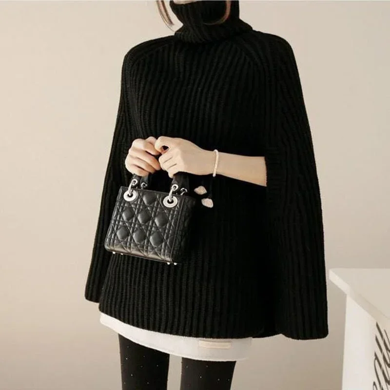 Autumn Winter Turtleneck Sweater Split Collar High Collar Cape Casual Jumper Cloak Poncho Women Elegant Knitted Pullovers Black