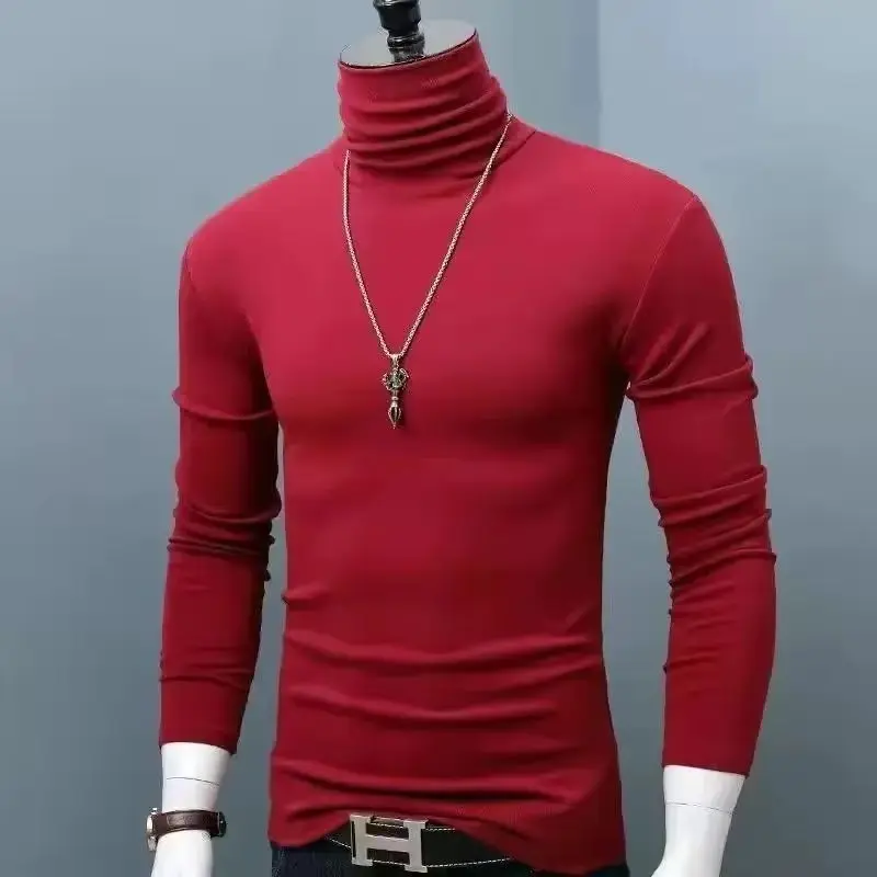 2025, Herbst-Winter-Herren-T-Shirt mit Stehkragen, schmale Passform, modisch, hochelastisch, langärmelig, Baumwolle, lässig, atmungsaktiv, Bekleidungspullover