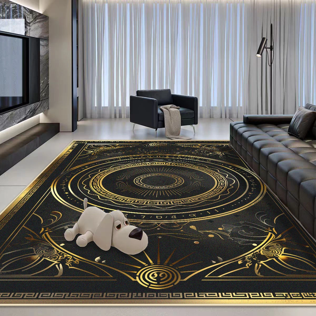 

Легкий роскошный стильный черный ковер с золотой каймой для гостиной, нескользящий декор для игровой комнаты, большой размер, легко чистящийся коврик для входной двери