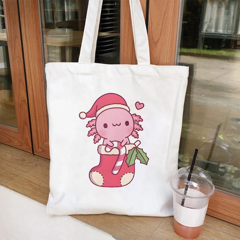 Christmas Axolotl Cute Kawaii Axolotl Santa Print Shopping Bag Tote Handbag Shopper Recycle Bag borsa da viaggio riutilizzabile Tote