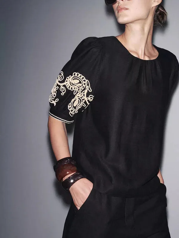 

Faionable женский летний топ irt ZA2025 из смешанного льна с вышивкой, повседневный топ с круглым вырезом Ne ort Sve, цвет стандартного кроя