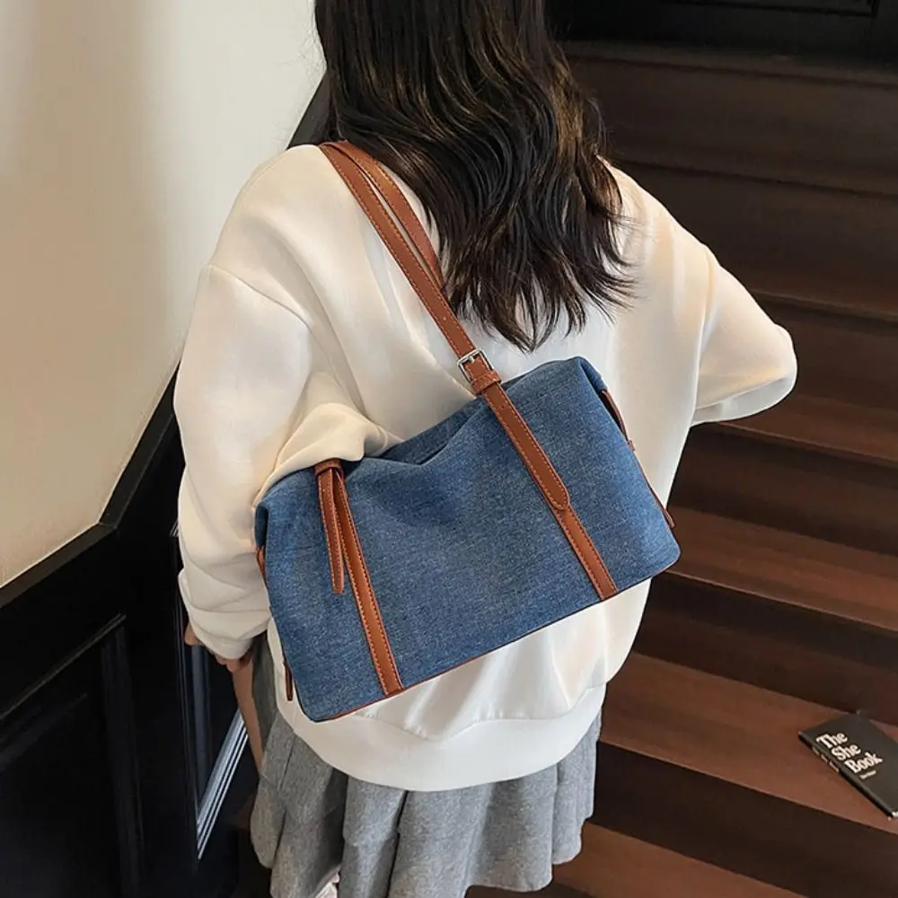 

Korean Style Denim Tote Bag Solid Color PU Leather Large Capacity Handbag Ethnic Style Large Capacity Underarm Packs Girls