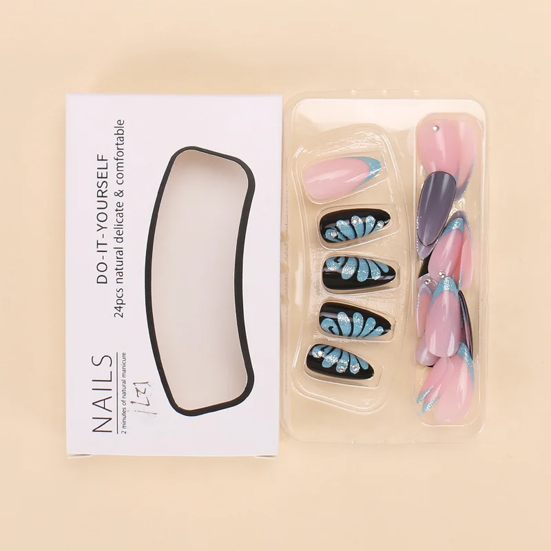 Prego falso de asas de borboleta para mulheres, imprensa removível na etiqueta do prego, remendo de unhas postiças acabado, azul, rosa, 24pcs