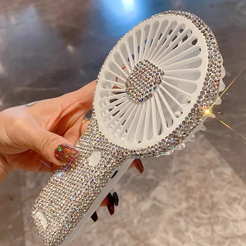 Clear Sparkle Rhinestone Decor Mini Luxury Office Desk Putting Hand Summer Fan for Girls