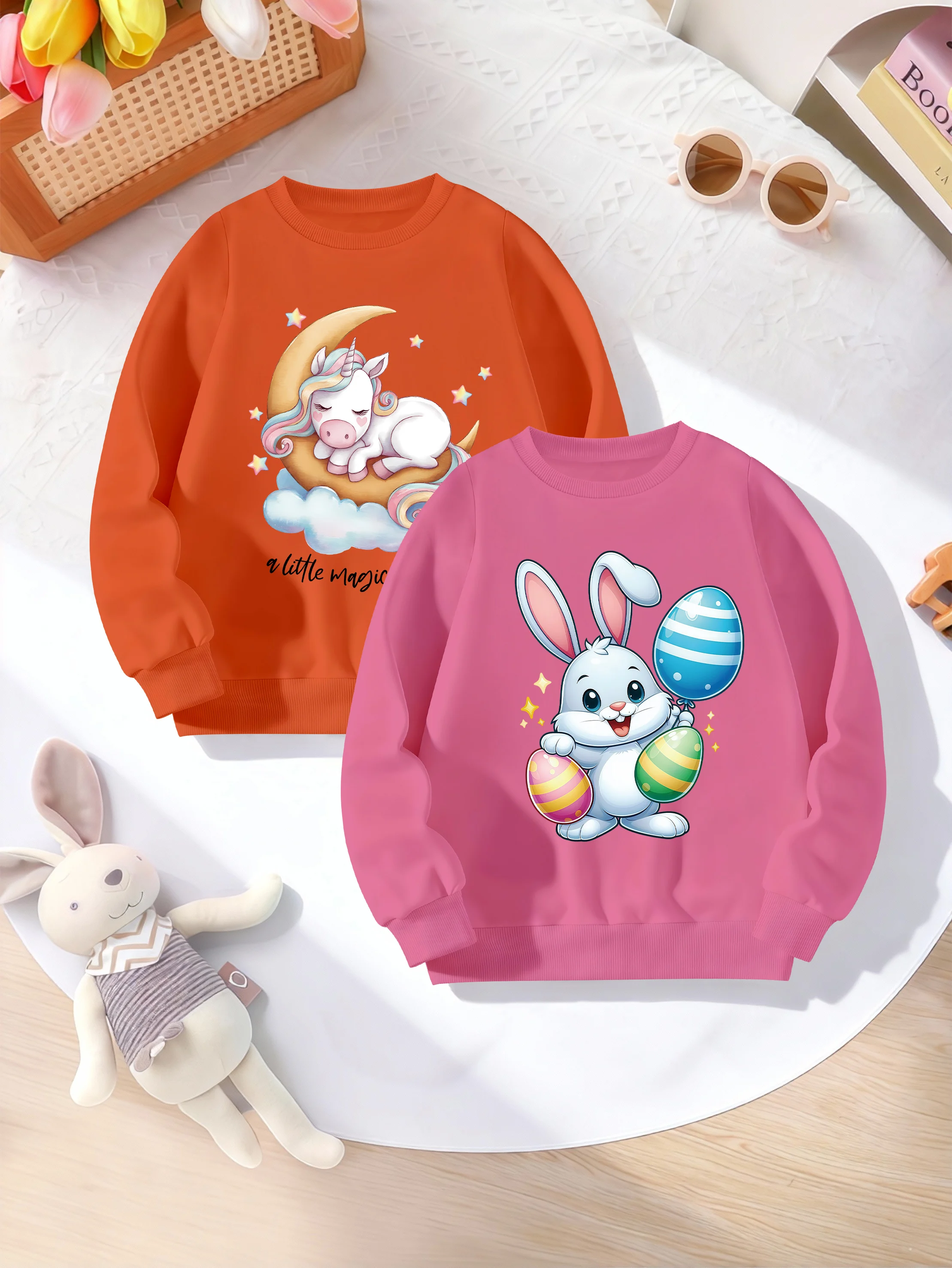 

2 Pieces, Cartoon Unicorn, Cartoon Rabbit Pattern Print, Cute Casual Round Neck Sweatshirt for Girls