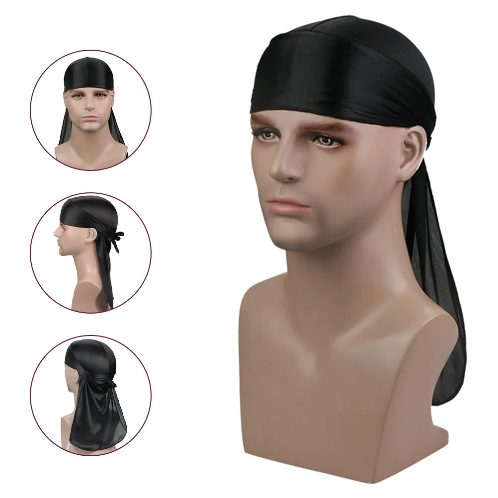 Long Tail Silk Turban Black Bandanas for Men Elastic Durag Headbands Durags Headwraps Modeling Miss