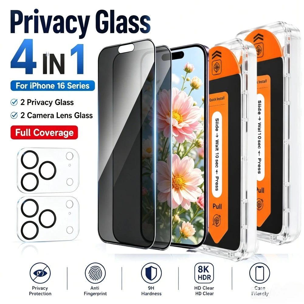 

2Pcs Anti Spy Full Screen Protector for iPhone 17 16 15 Pro Max Air 17e 16e 13 12 14 Pro 15 14 Plus With 2Pcs Camera Lens Glass