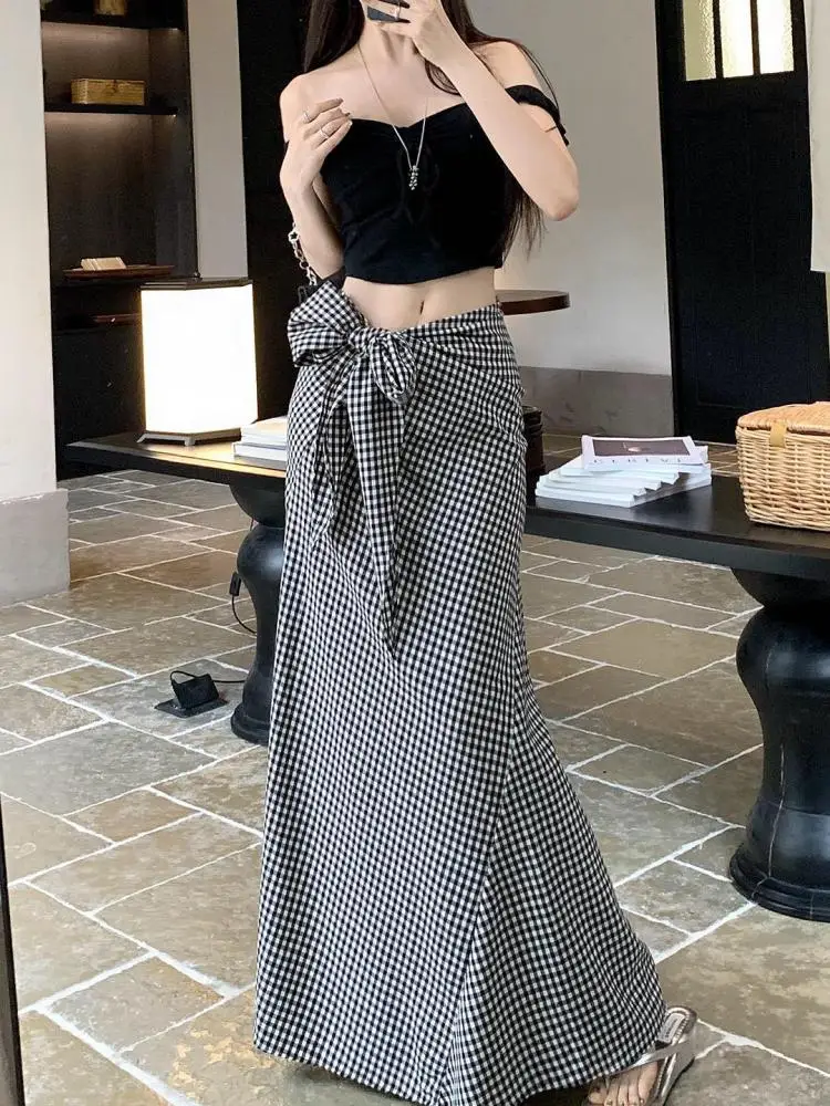 

Летняя черная клетчатая элегантная повязка с бантом на бедрах, полуюбка во французском винтажном стиле для женщин с высокой талией, длинные юбки для отдыха и вечеринки, уличная одежда