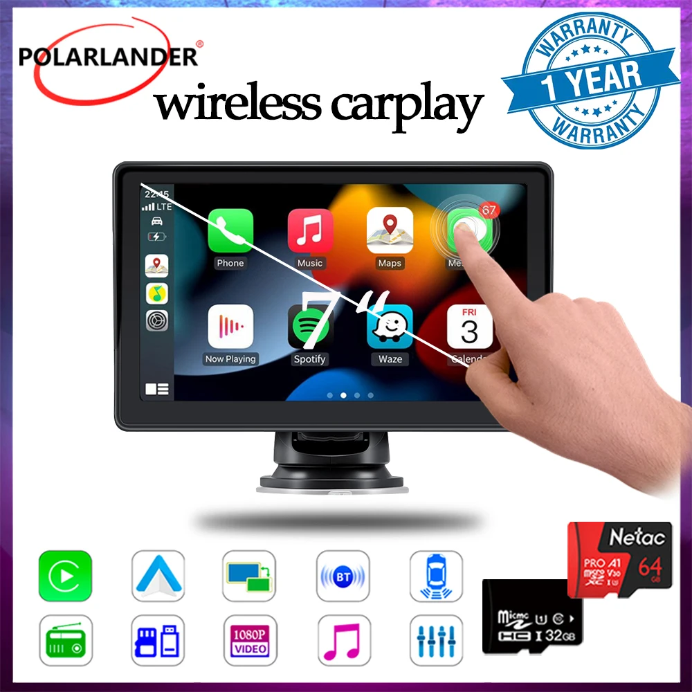 

Portable Wireless Bluetooth5.0 Car Display Touch Screen Multimedia 7" Carplay Reversing Video Android Auto Stereo Receiver AUX