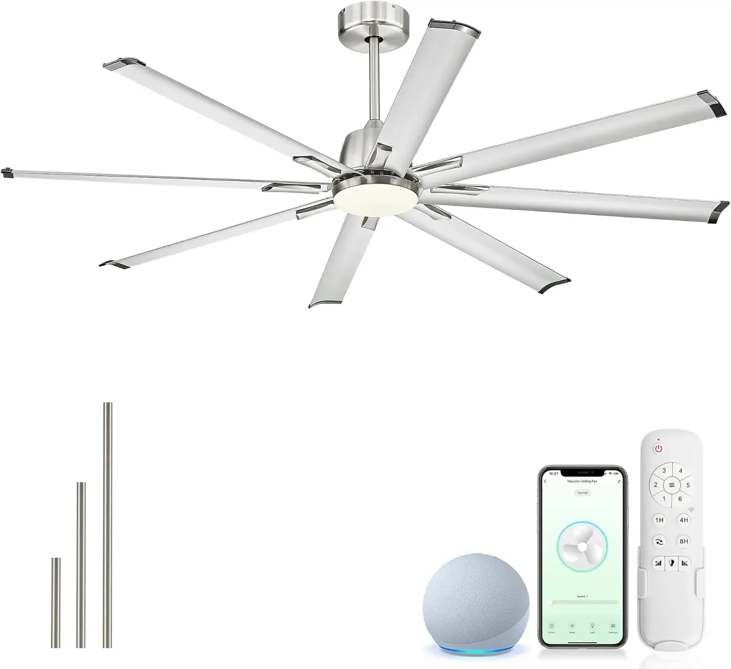 

72 Inch Smart Industrial Ceiling Fan with Light and Remote Control, Large Ceiling fan with 8 Aluminium Blades