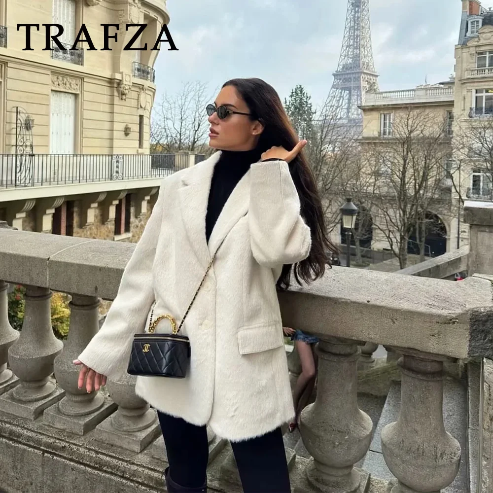 TRAFZA 2024 Autumn Winter Office Lady Faux Fur Blazers Fashion Casual Solid Elegant Single Breasted Shrug Chic Ladies Jackets