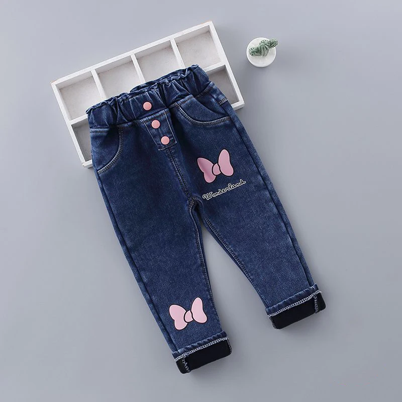 New Winter Baby Girls Plush Denim Pants Toddler Kids Cartoon Butterfly Printing Jeans Children Fashion Leisure Keep Warm Trouser