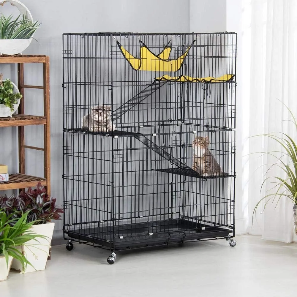 

4-Tier Foldable Kitten Cat Home Cages Wire Pet Crate House with Leopard Hammock Bed & Wheel Casters for Measures