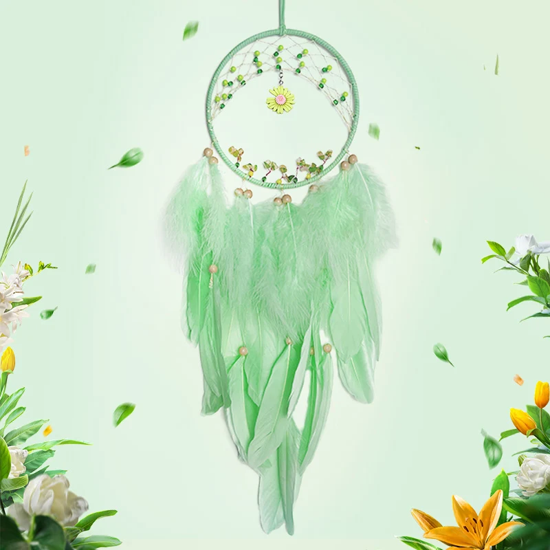 Atrapasueños de plumas verdes, carillones de viento, adornos colgantes para sala de estar, dormitorio, pequeña Margarita, decoración de pared tejida a mano, regalos para festivales
