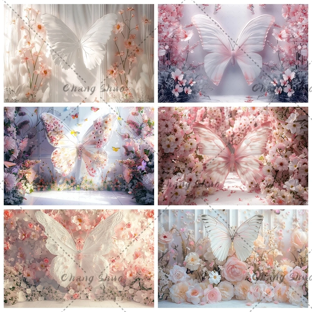 Pink Flowers Dreamy Butterfly Background Cloth Photography Custom Baby Baptism Studio Props Decoration Girl First Birthday Party