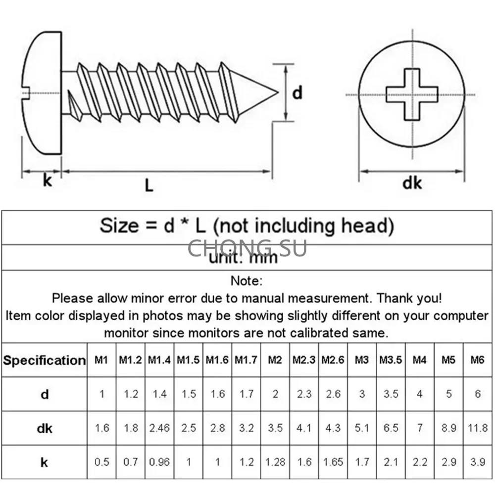 304 الفولاذ المقاوم للصدأ الصليب فيليبس M1 M1.2 M1.4 M1.7 M2 M2.3 M2.6 M3 M3.5 M4 M5 M6 عموم جولة رئيس الذاتي التنصت المسمار مسامير الخشب