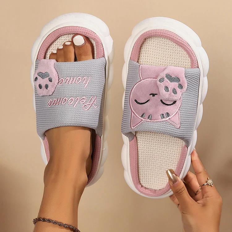 Leinen Casual Hausschuhe Frauen Haus Plattform Niedlichen Cartoon Katze Designer Schuhe Mädchen Flache Mode Elegante Schuhe Indoor Große Größe – Detail 13