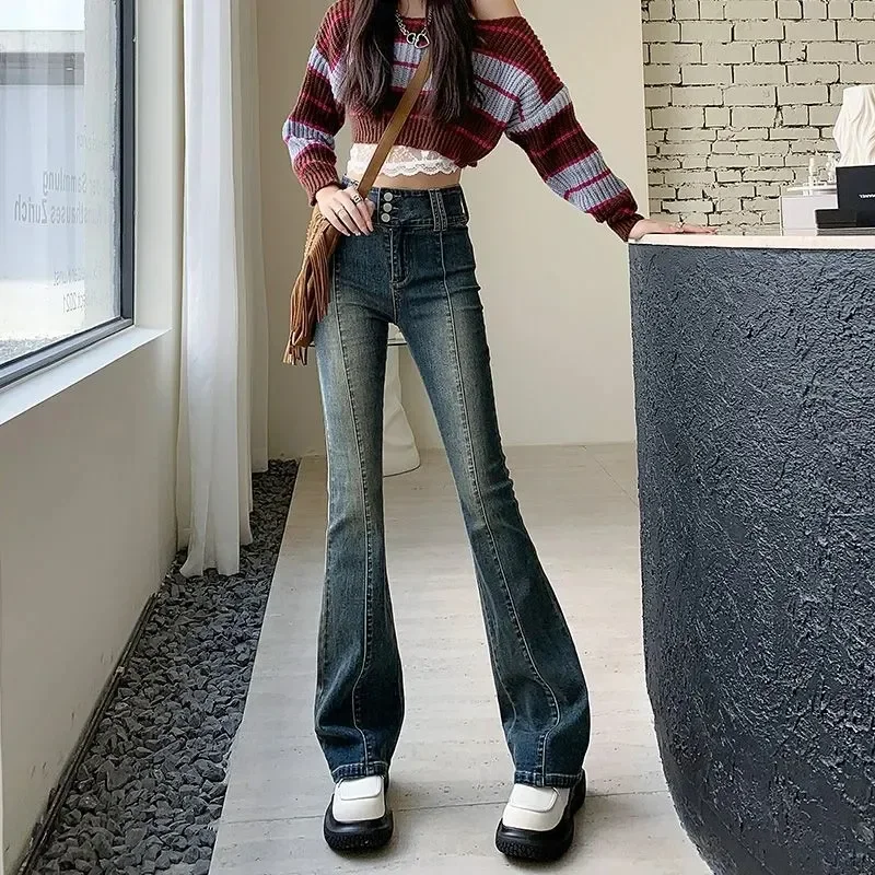 

Hotsweet Vintage Slim Bootcut Jeans Spring Autumn High Waist Button Women's Clothing Washed Denim Pants Streetwear Chic Trousers
