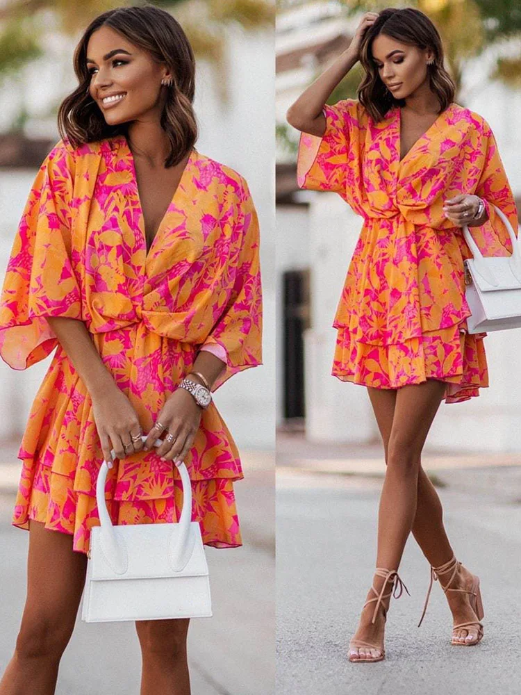 Women Sexy V Neck Mini Dresses Summer Boho Casual Floral Print Batwing Sleeve Dresses Female Ruffle Beach Party Dress Vestidos