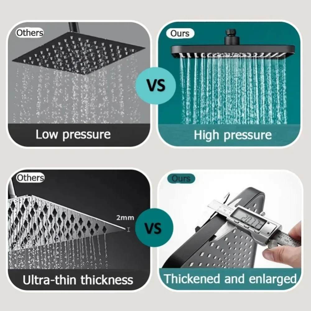 New 12 Inch High Pressure Top Spray Rain Shower Head Larger Flow Supercharge Rainfall Showerhead 360° Swivel Water Saving