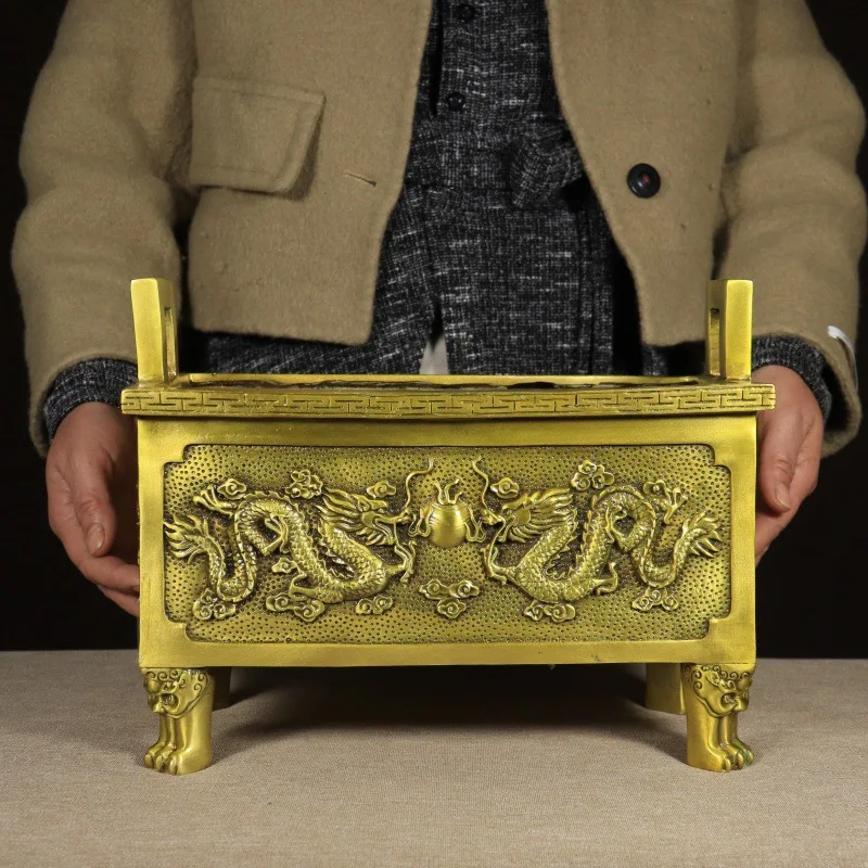 Brass nine-dragon incense burner for incense offerings, rectangular incense burner for ancestral worship, pure copper incense ho
