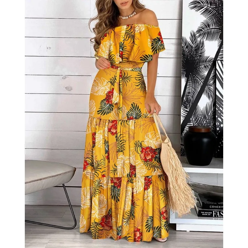 Summer Women's Casual Dress with A Straight Neckline Exposed Shoulder Lotus Leaf Edge and Tie Up Fashionable Printed Long Dress