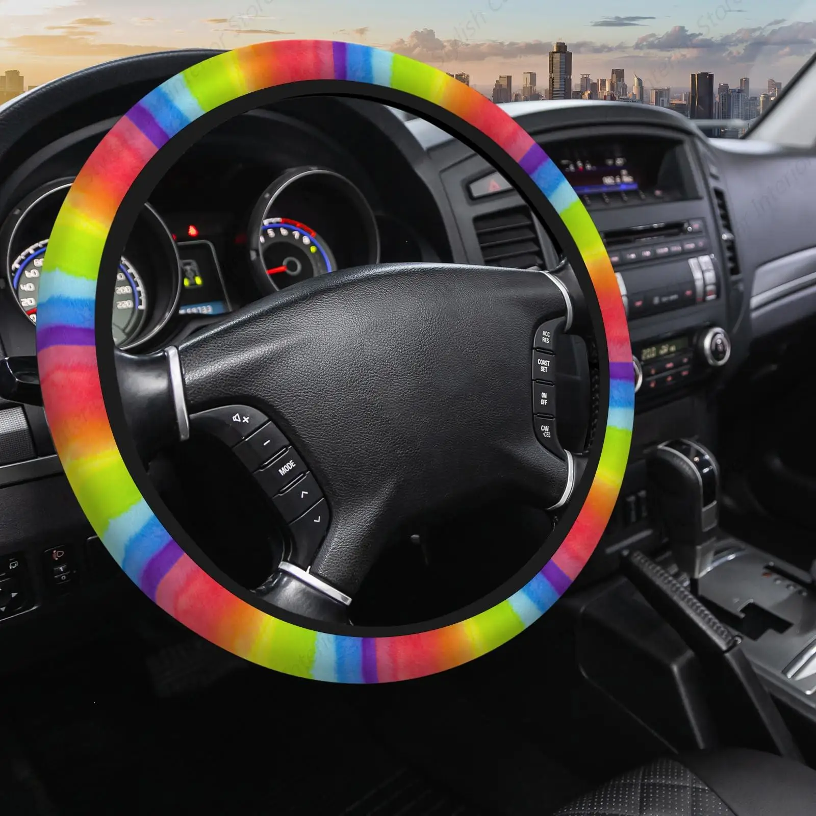 Rainbow Stripe Car Steering Wheel Cover Watercolor Colorful Stripes Universal Protector Steering Wheel Covers Car Accessories