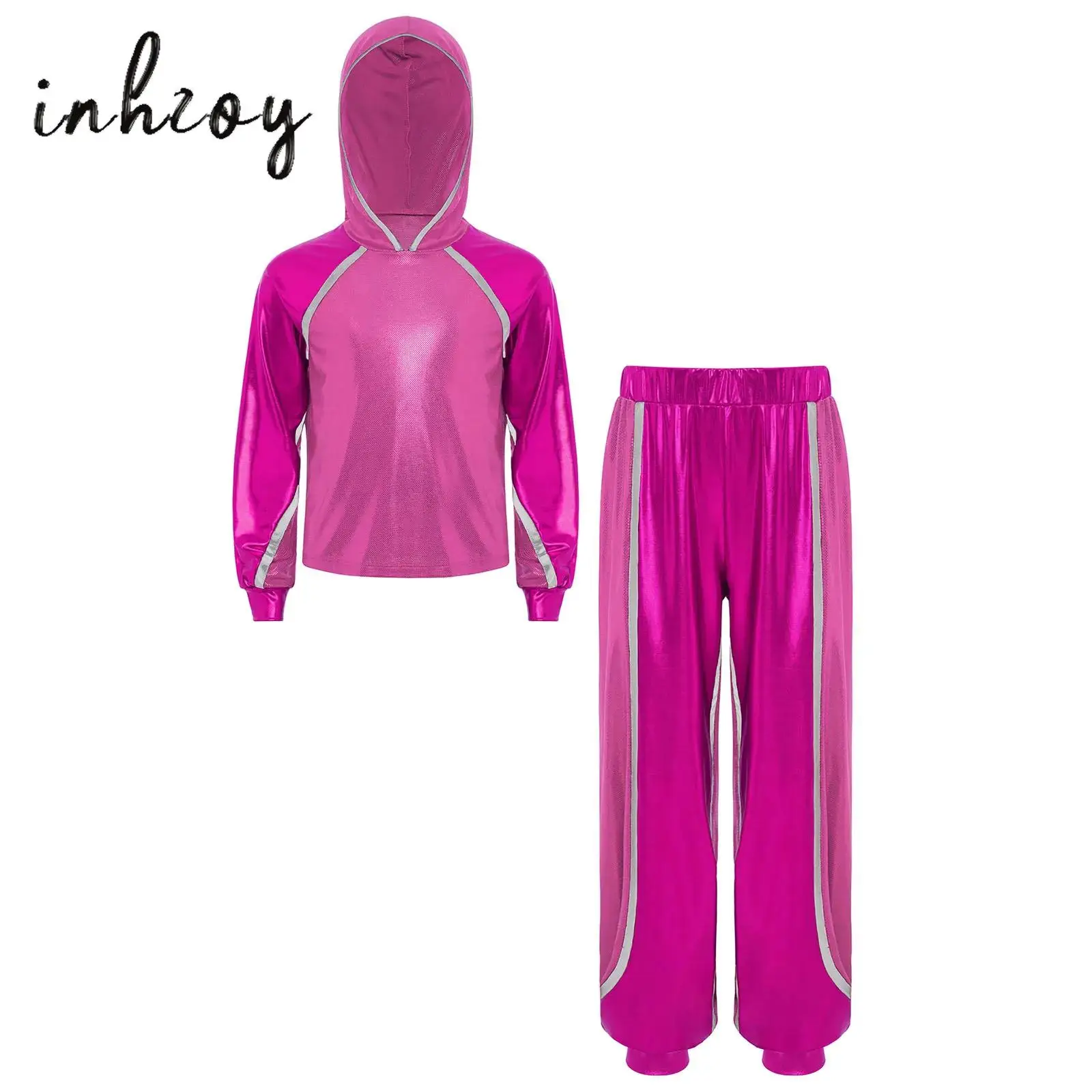 

Kids Girls Jazz Dance Outfit Set Long Sleeve Metallic Hoodie with Elastic Waistband Pants for Jazz Dance Performance Training