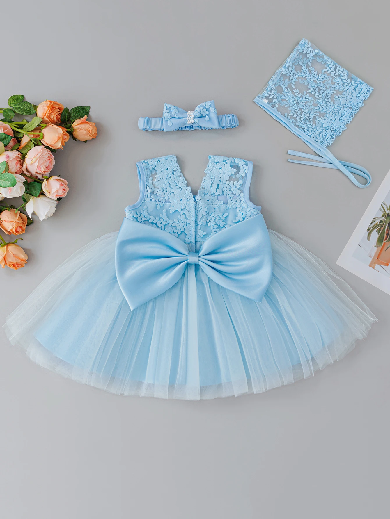 Blue Baby Dress 0-2 Years Old Cute Sweet Party Holiday Large Bow Puff Skirt Set