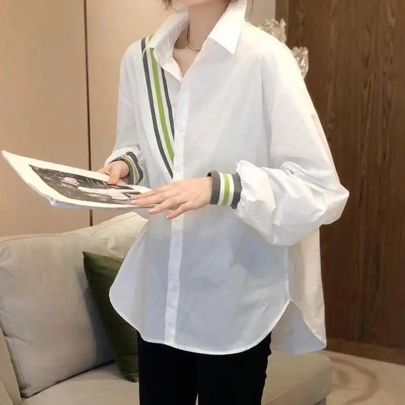 Korean Simple Striped Print Oversized Streetwear Irregular Tunic Tops Blouses for Women Casual Long Sleeve Button Shirts Clothes