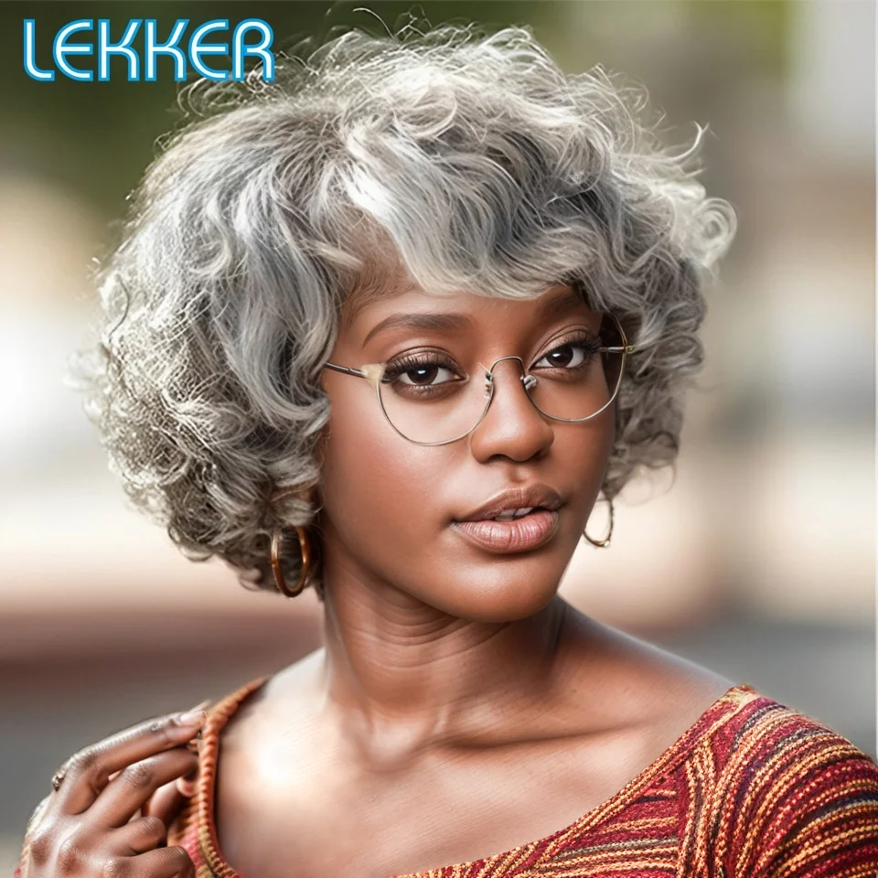 Lekker Short Silver Gray Curly Bob 100% Human Hair Wigs For Women Brazilian Remy Hair Salt and Pepper Full Machine Made Wigs