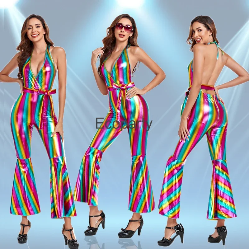 New Retro 70's Hippies Disco Costumes For Women Sexy Deep V Backless Colorful Stripes Jumpsuit Halloween Festival Party Dress Up