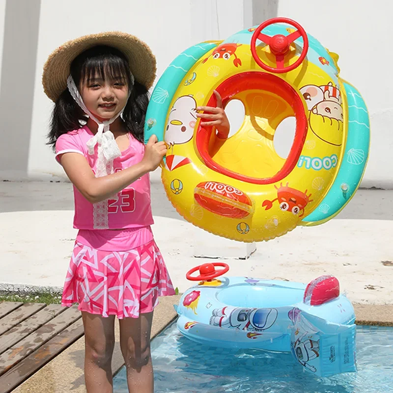 Cute Cartoon Inflatable Infant Pool Float Baby Swimming Ring with Steering Wheel Water Seat Lifebuoy Beach Toys