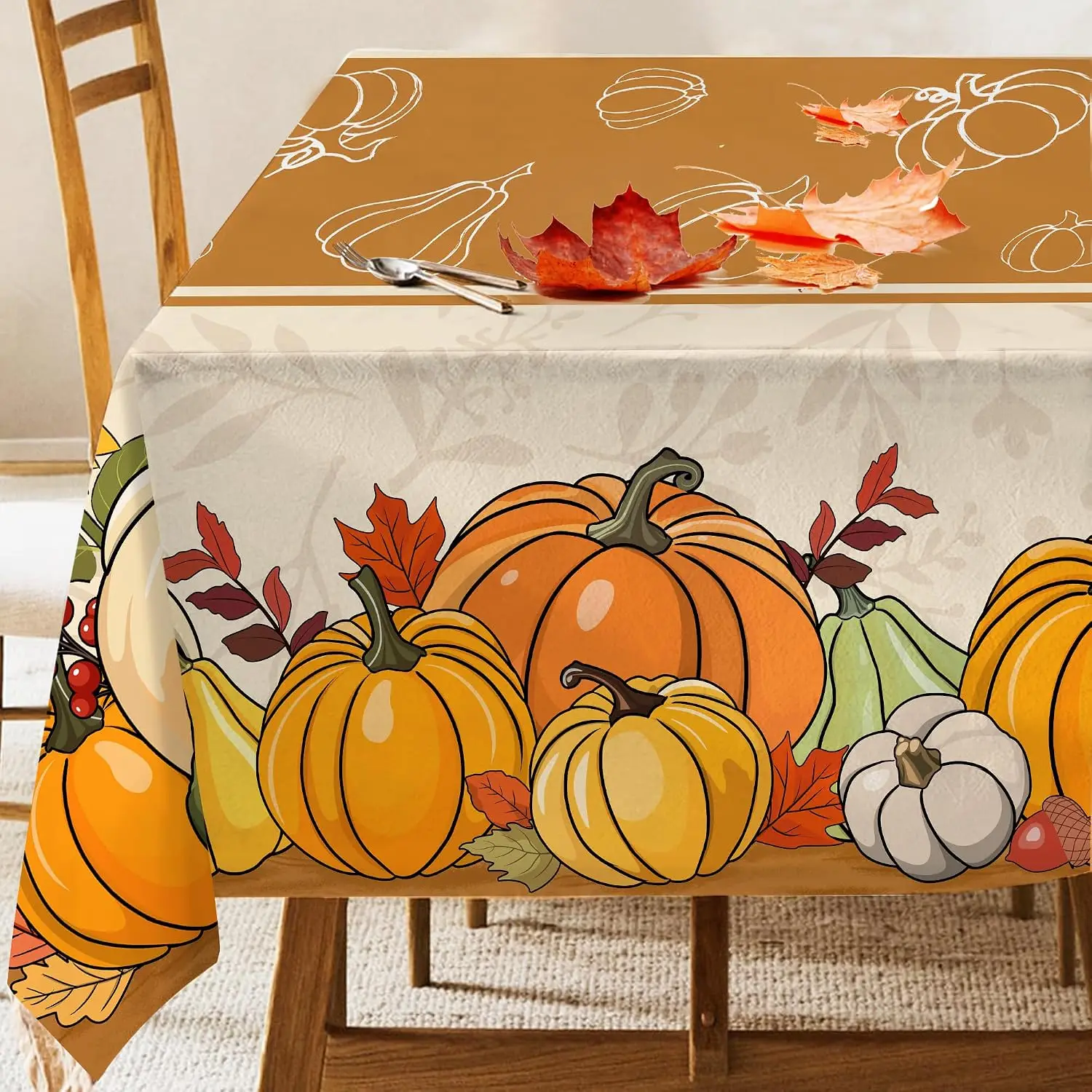 Fall Harvest Pumpkin Maple Leaves Rectangle Tablecloth for Table Decor Reusable Kitchen Dining Tablecloth Autumn Decoration