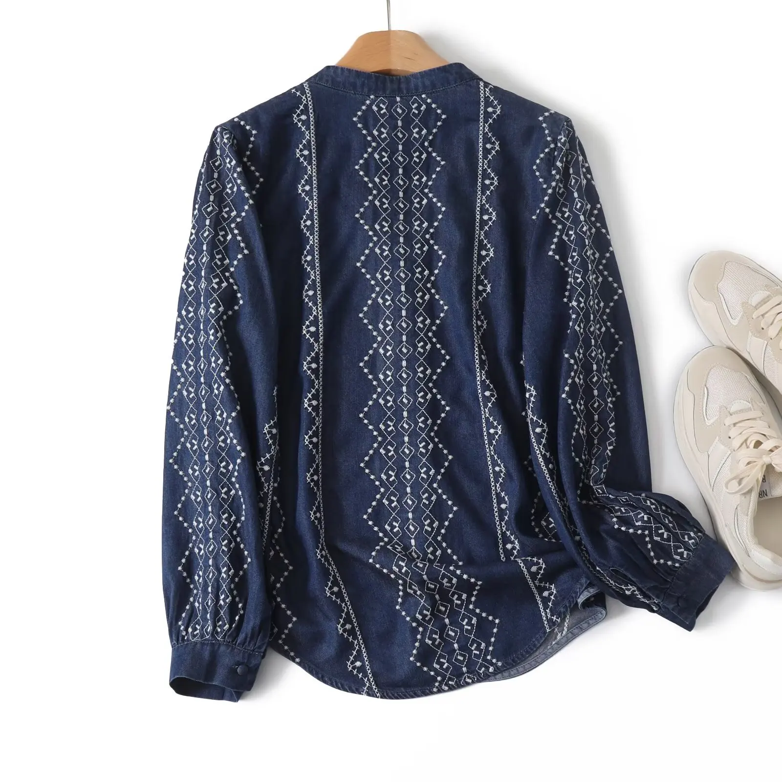 New 2025 Autumn Long Sleeve Tence Denim Shirt, Women V Neck Embroidery, Mori Girl Retro Simplicity Commute Loose Blouse T56116CC