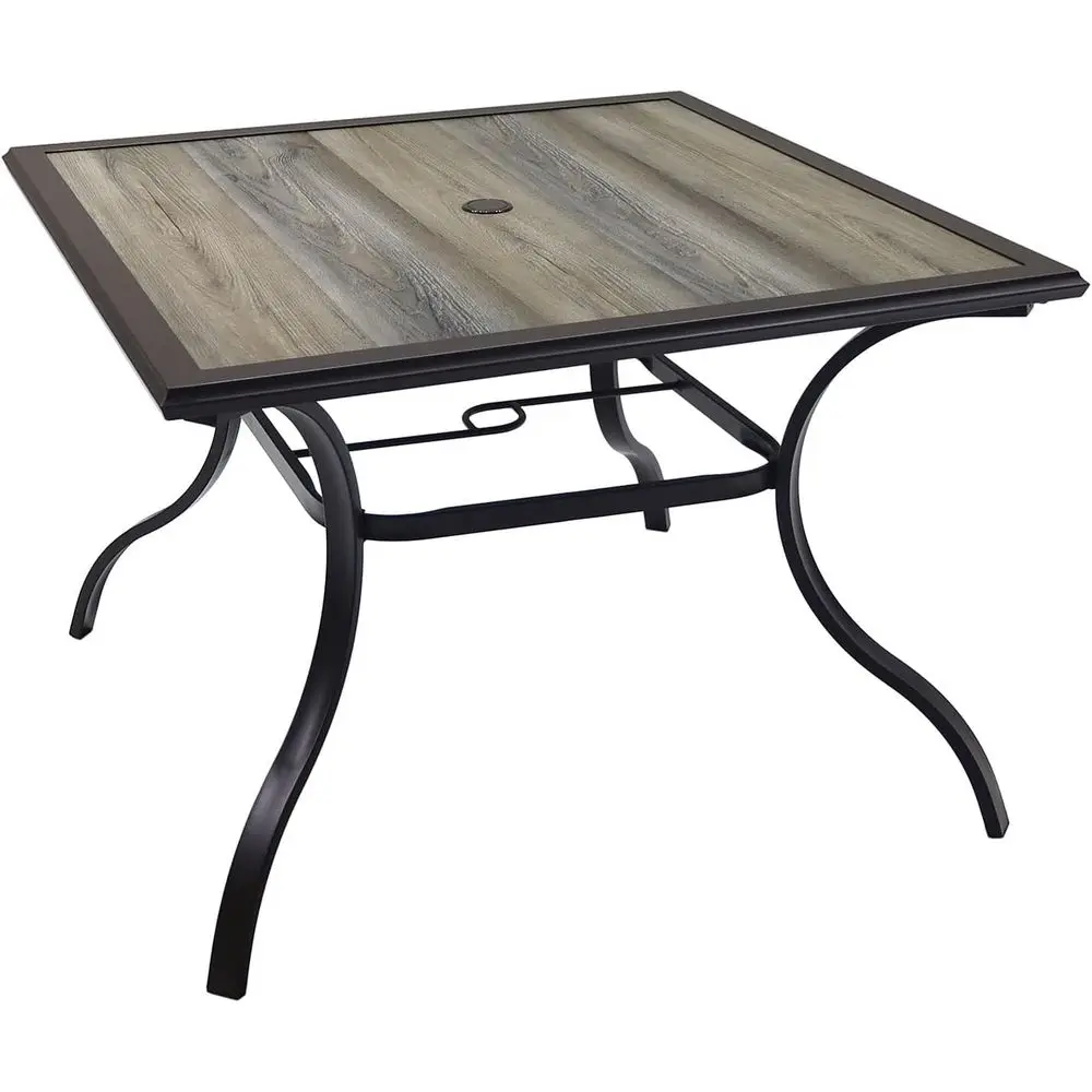 Outdoor Dining Table with Square Wooden-Like PVC Table Top and Umbrella Hole or Bistro, Garden, Poolside, Backyard -Laminated To