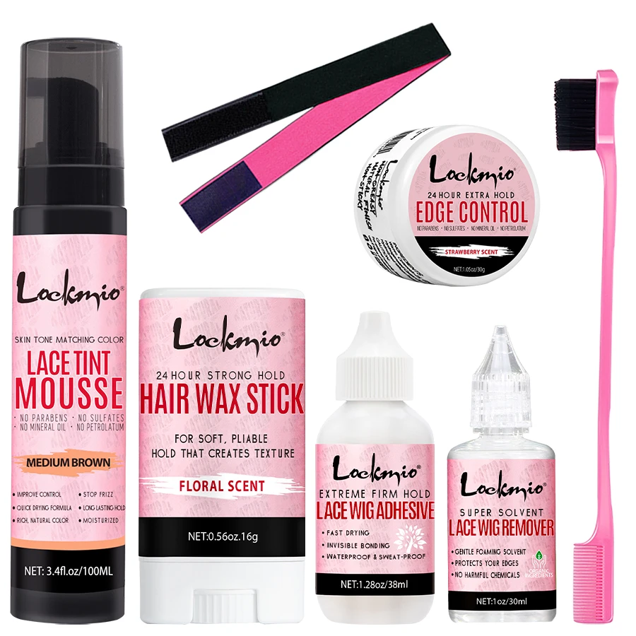 Mousse Tinte para Pelucas de Encaje, Adhesivo Invisible Impermeable para Pelucas, Removedor, Control de Bordes, Cera para Cabello con Diadema y Kit de Cepillo para Bordes