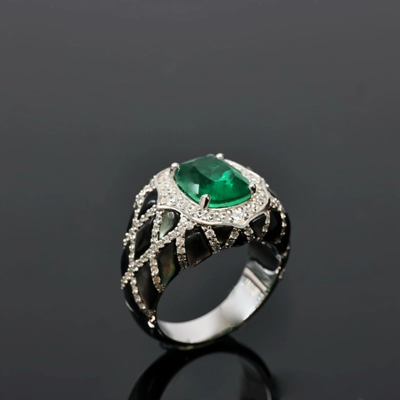Bellux Artificial Gemstone Emerald Ring black Butterfly Shell Heavy Craftsmanship Green Luxury S925 Silver Rings