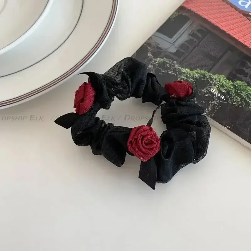 Koreańska moda letni kwiat róży jelito duże gumka do włosów opaska na głowę kobiety siatkowe elastyczne opaski do włosów Scrunchie akcesoria do włosów