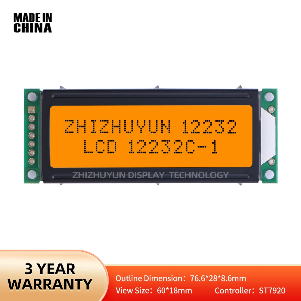 

Source Manufacturer LCD12232C-1 Character Dot Matrix Screen Orange Light Black Characters Amber LCM Display Module