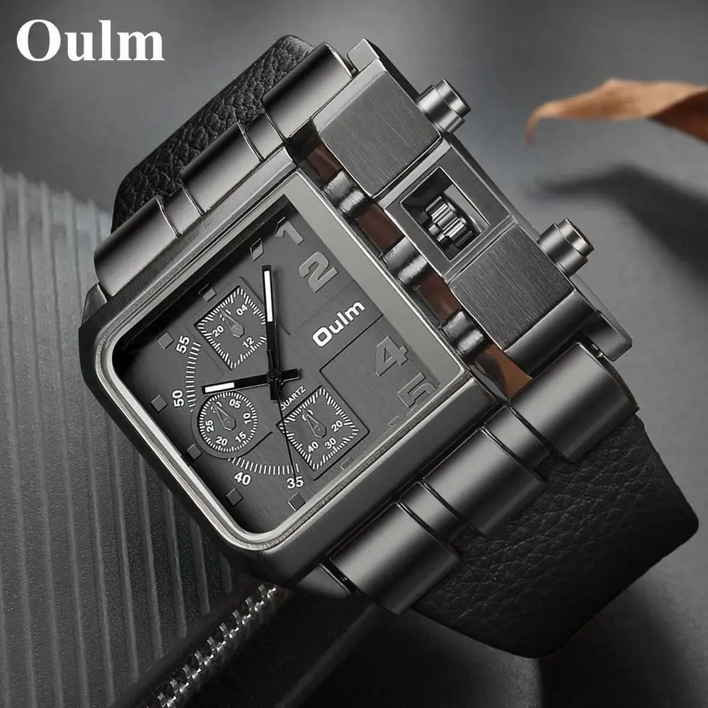 OULM Unique Design Square Men Wristwatch Wide Big Dial Leather Strap Watches