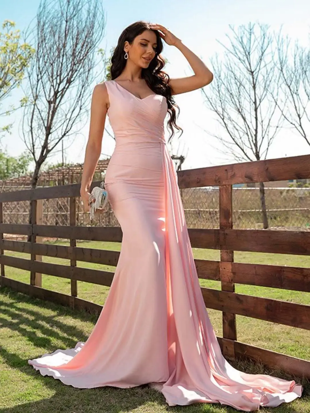 One Shoulder Satin Mermaid Prom Dress Long Ruched With Slit Train Formal Evening Dresses Party Gowns Bridesmaid Dresses