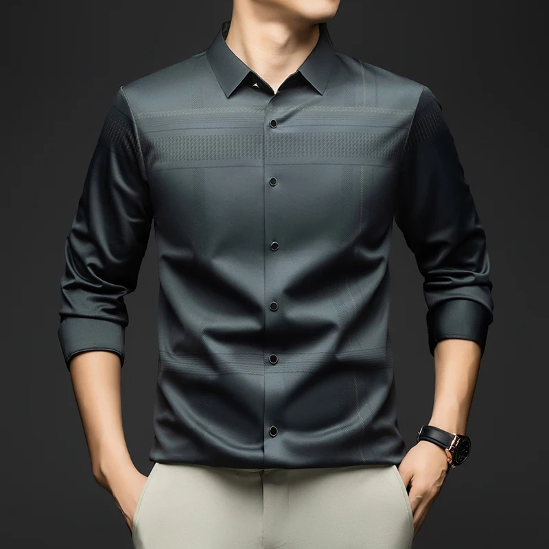 BROWON Long Sleeve Man Shirt Solid Color Business Slim Work Shirt Man 2026 Autumn New Casual Striped Print Shirt Men's Wear
