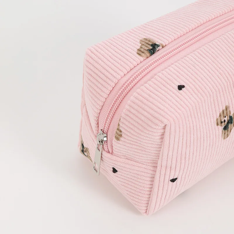 Korean Corduroy Bow Makeup Bag Pouch Portable Large Capacity Toiletry Bag Travel Organizer Student Bear Printed Pencil Case
