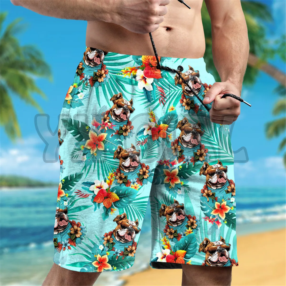 Chemise hawaïenne imprimée en 3D pour hommes, chemise hawaïenne colorée, short de plage, bouledogue portant des lunettes de soleil, cadeau d\'amour