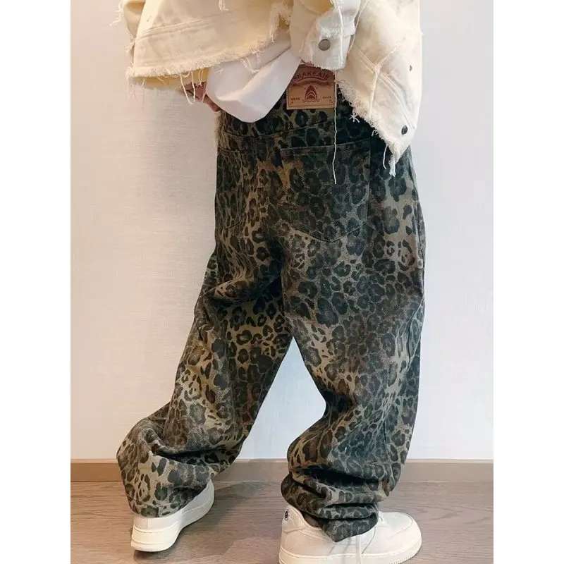 الخريف تان ليوبارد الجينز الرجال الدنيم السراويل الذكور كبيرة الحجم واسعة الساق السراويل الشارع الشهير الهيب هوب خمر فضفاض عادية الحيوان طباعة #3